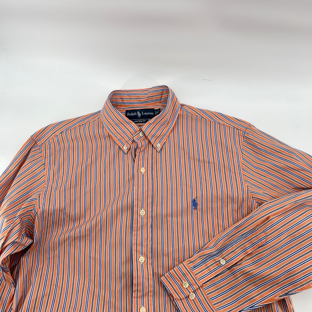 Ralph Lauren Custom Fit Orange Blue Stripe Button Down Shirt‎ Men Size 16 32/33